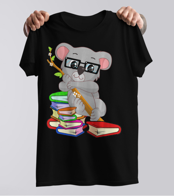 Nerdy Anime Koala Bear With Glasses Hugging Books Bookworm Passiona T-Shirt