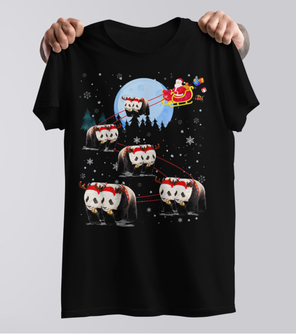 Panda Reindeer Santa Claus Sleigh Under Moonlight With Gifts T-Shirt