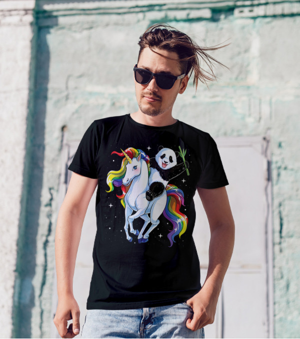 Panda Riding Rainbow Unicorn T-Shirt