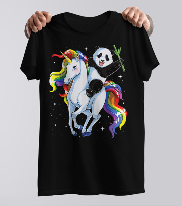 Panda Riding Rainbow Unicorn T-Shirt