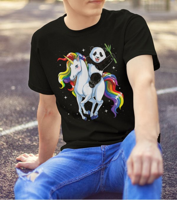 Panda Riding Rainbow Unicorn T-Shirt