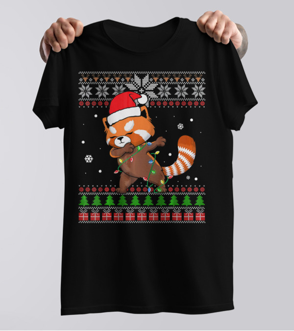 Red Panda Dab Santa Hat Christmas Lights Sweater Snowflakes Christmas Trees T-Shirt