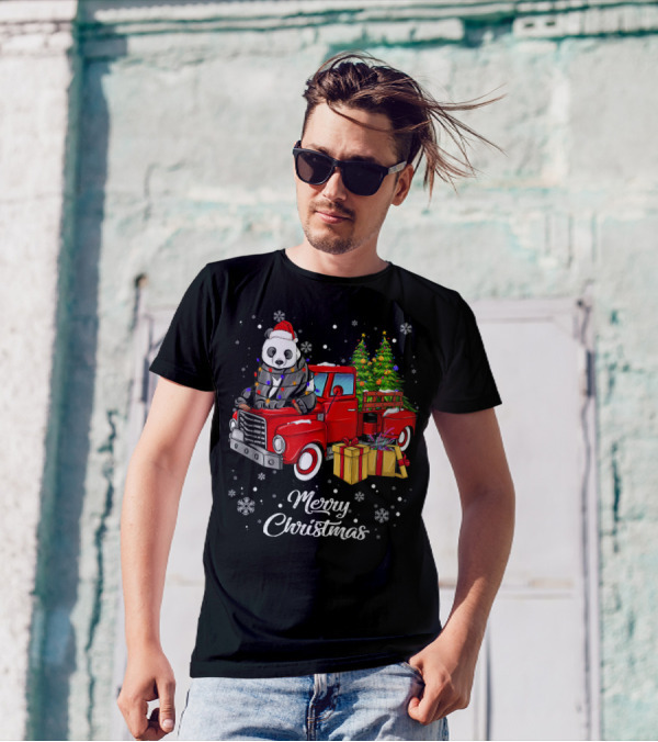 Merry Christmas Panda In Lights On Red Truck With Gifts And Christmas Tree T-Shirt