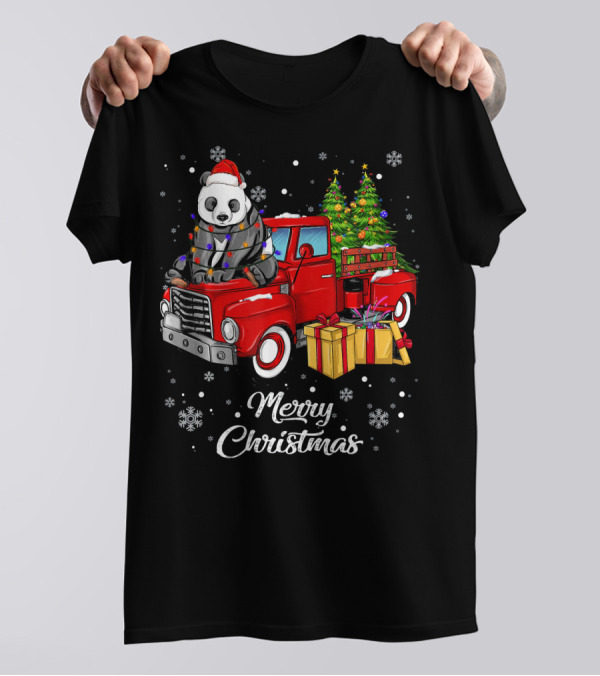 Merry Christmas Panda In Lights On Red Truck With Gifts And Christmas Tree T-Shirt