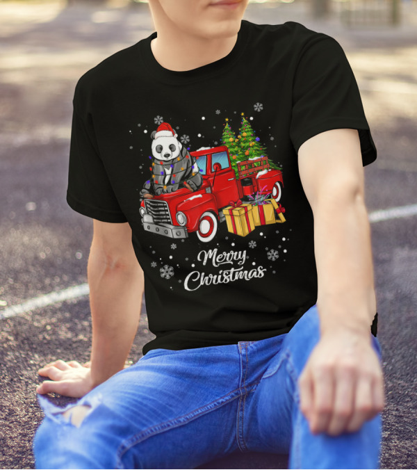 Merry Christmas Panda In Lights On Red Truck With Gifts And Christmas Tree T-Shirt