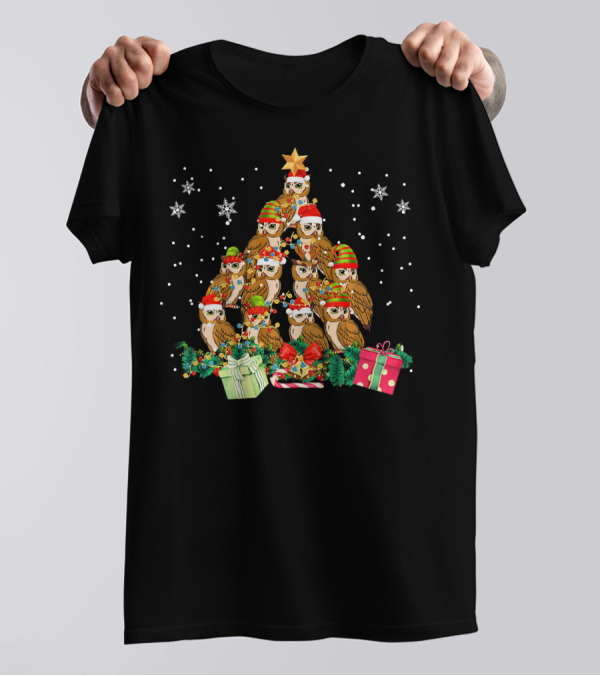 Owl Christmas Tree Santa Hat Lights Star Snowflakes Presents T-Shirt