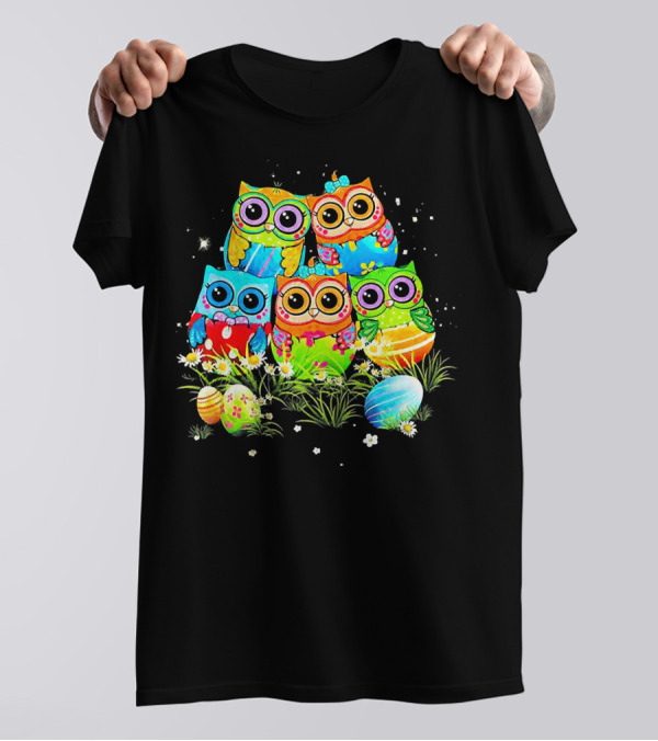 MIAPRINTSPRO Colorful Five Owls With Easter Eggs T-Shirt