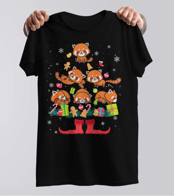 Red Panda Christmas Tree With Ornaments And Gifts T-Shirt