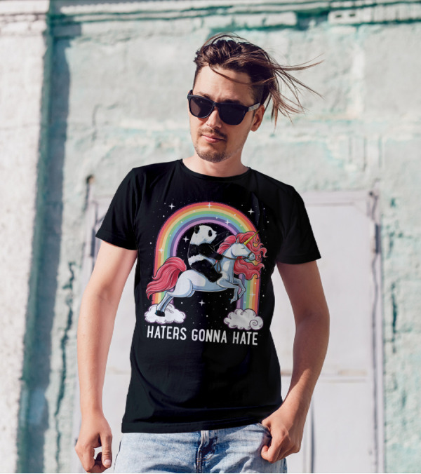 Haters Gonna Hate Panda Riding Unicorn Rainbow T-Shirt