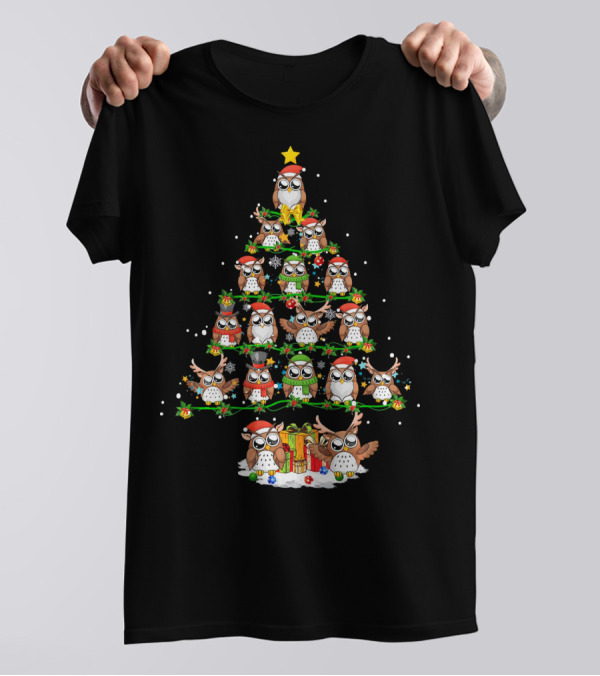 Funny Owl Bird Christmas Tree With Festive Owls T-Shirt