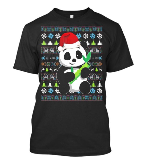 Merry Christmas Panda Ugly Santa Hat Snowflakes Trees T-Shirt