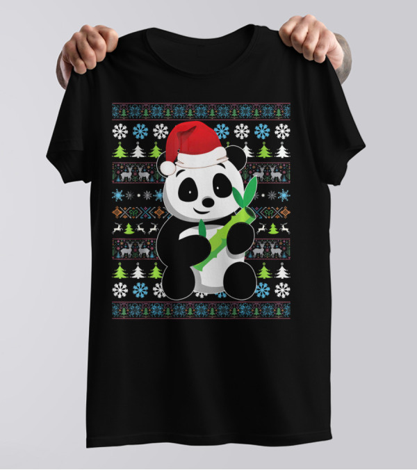 Merry Christmas Panda Ugly Santa Hat Snowflakes Trees T-Shirt