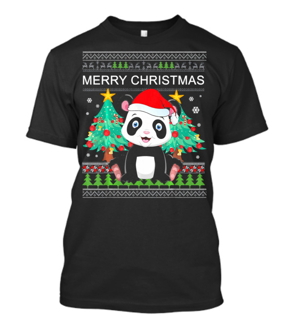 Merry Christmas Panda Bear Santa Hat Festive Trees T-Shirt