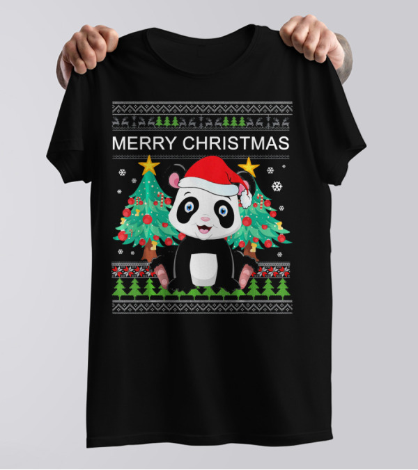 Merry Christmas Panda Bear Santa Hat Festive Trees T-Shirt