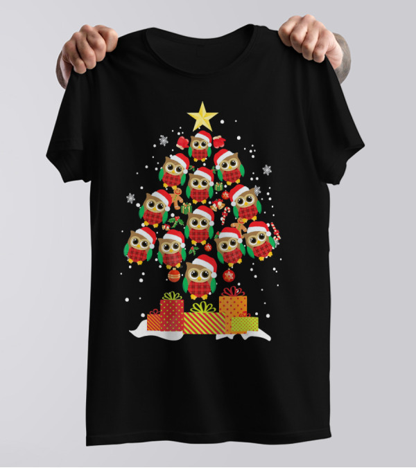 Christmas Tree Of Owls In Santa Hats For Owl Lovers T-Shirt