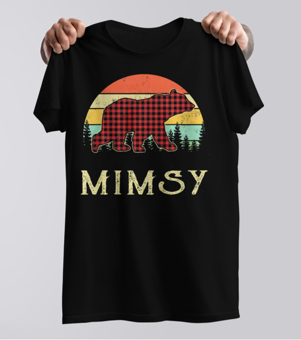 Mimsy BEAR Red Plaid Christmas Retro Sunset Forest T-Shirt