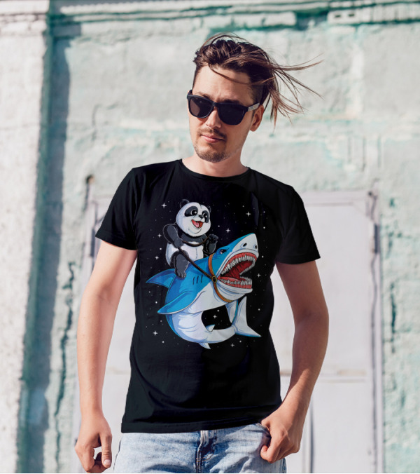 Panda Riding Shark In Space T-Shirt