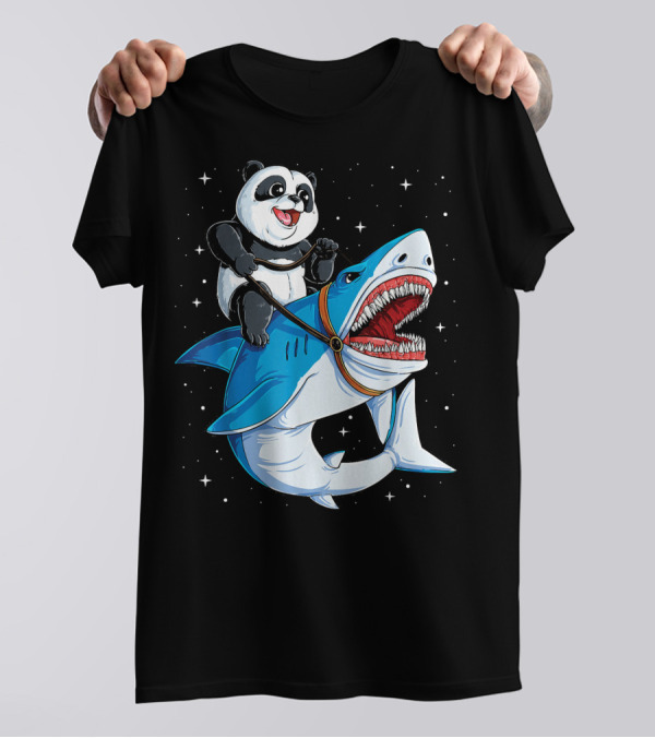 Panda Riding Shark In Space T-Shirt