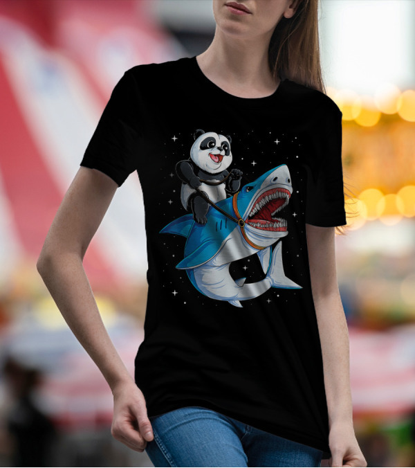 Panda Riding Shark In Space T-Shirt