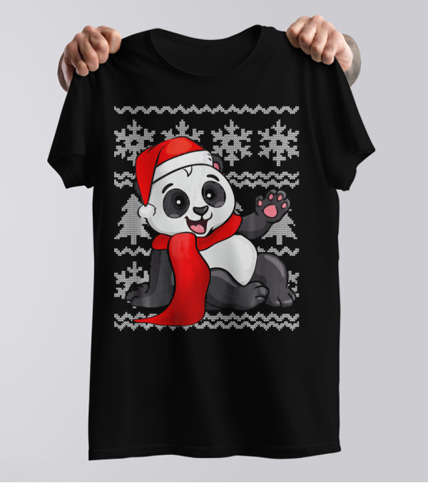 Panda Santa Hat Scarf Ugly Christmas Sweater With Snowflakes T-Shirt