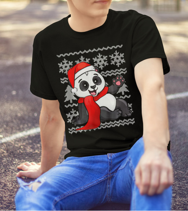 Panda Santa Hat Scarf Ugly Christmas Sweater With Snowflakes T-Shirt