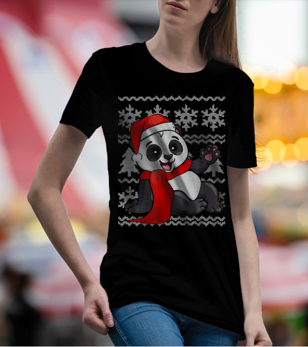 Panda Santa Hat Scarf Ugly Christmas Sweater With Snowflakes T-Shirt