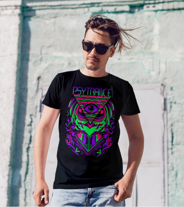 Psytrance Technicolor Owl With All-Seeing Eye Triangle T-Shirt