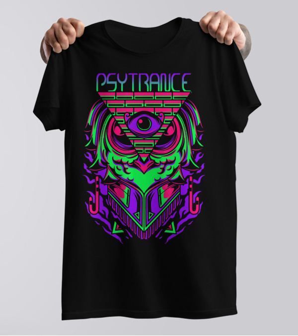 Psytrance Technicolor Owl With All-Seeing Eye Triangle T-Shirt