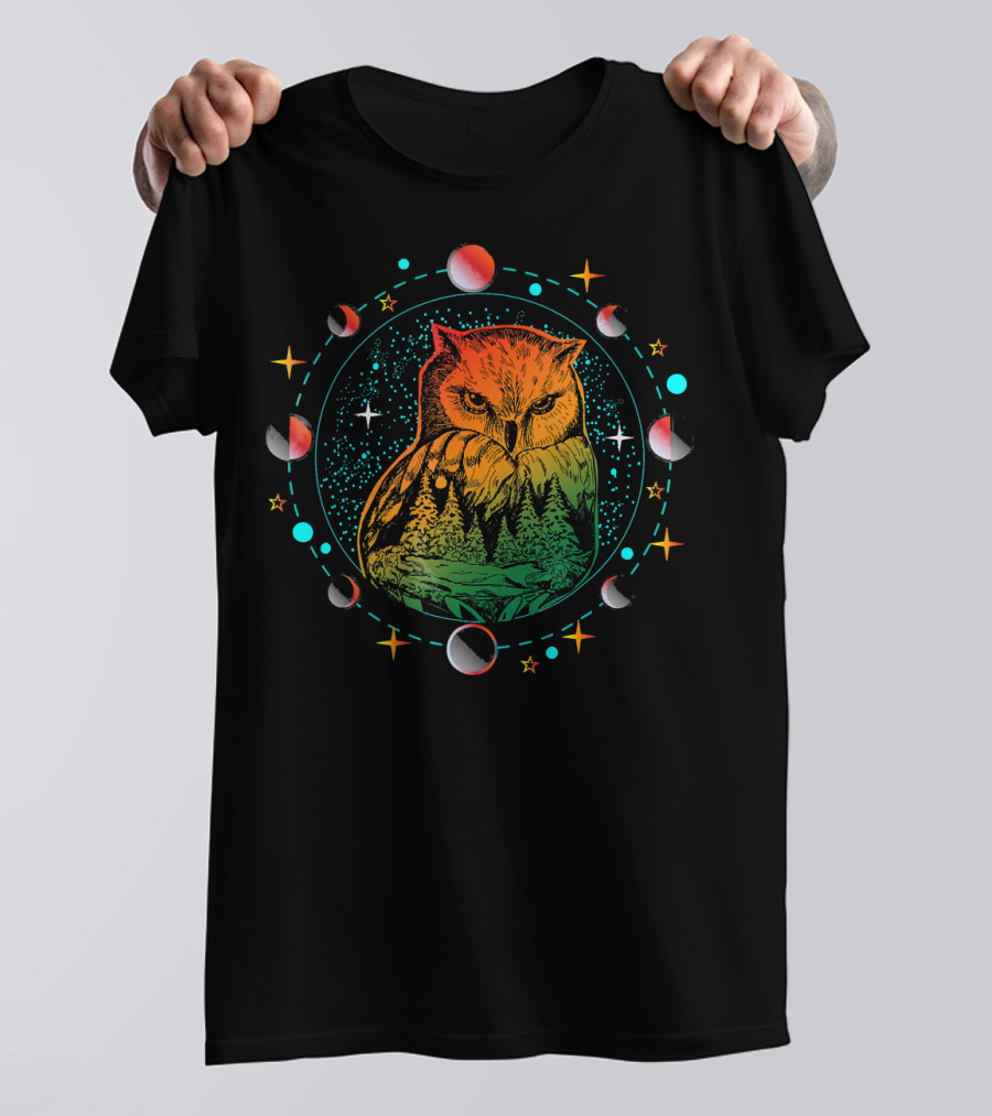 Moon Phases Forest Owl Night Stars T-Shirt