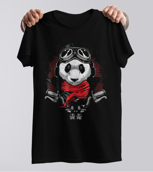 Panda Motorcycle Biker With Red Scarf And Goggles T-Shirt