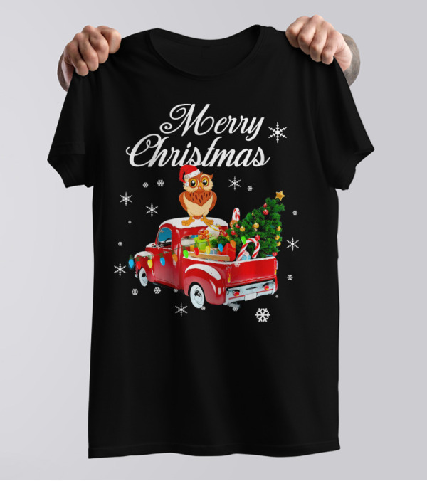 Merry Christmas Owl On Red Truck With Tree And Gifts T-Shirt