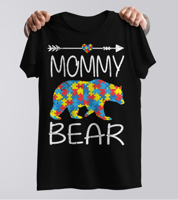 Mommy Bear Autism Awareness Puzzle Pieces Arrow Heart T-Shirt