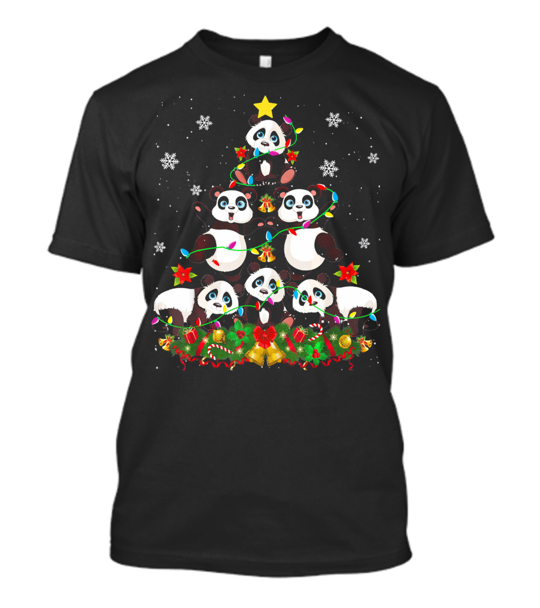 Panda Christmas Tree Funny Panda Lover Snowflakes Holiday Lights T-Shirt