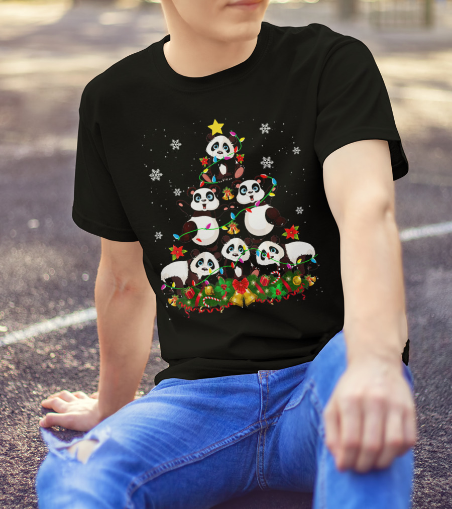 Panda Christmas Tree Funny Panda Lover Snowflakes Holiday Lights T-Shirt