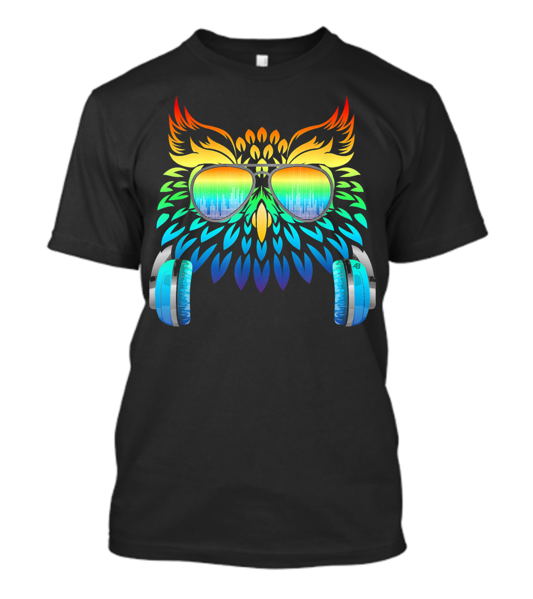 Owl Music Producer Rainbow Headphones Forest Cool T-Shirt
