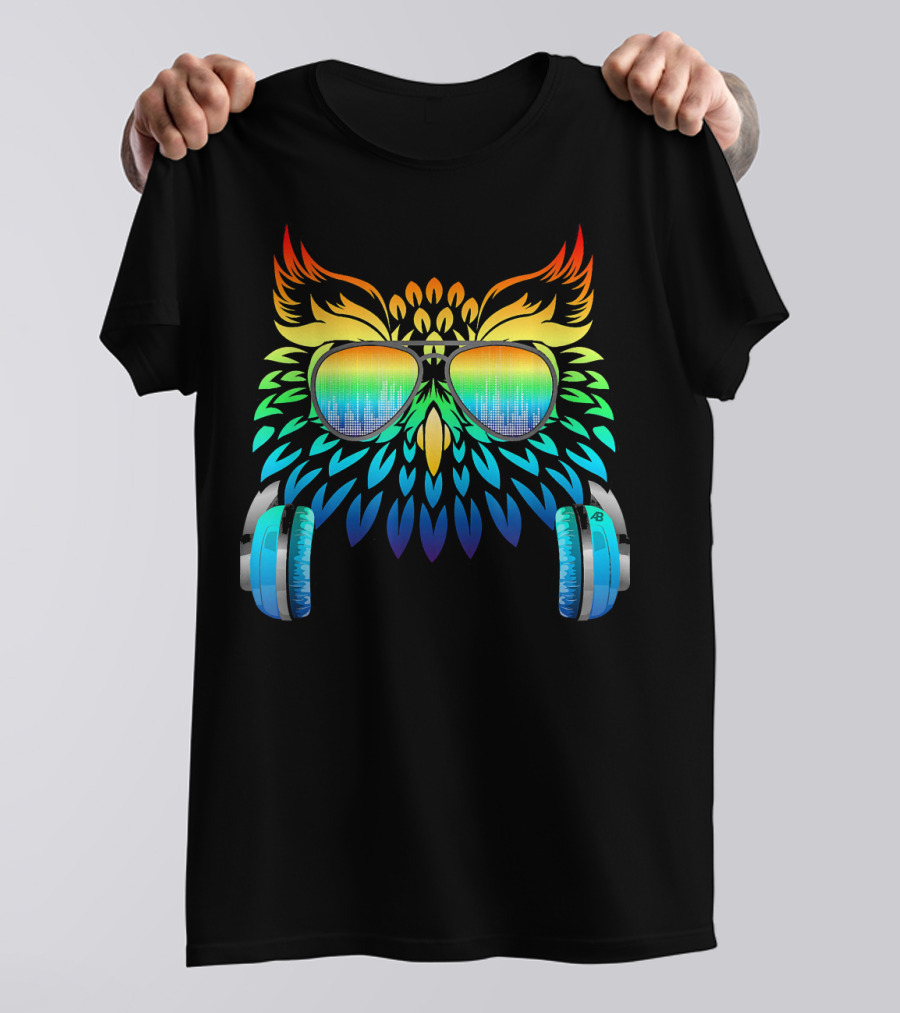 Owl Music Producer Rainbow Headphones Forest Cool T-Shirt