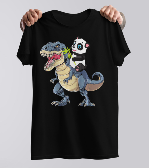 Panda Riding Dinosaur Rex With Bamboo Stick T-Shirt