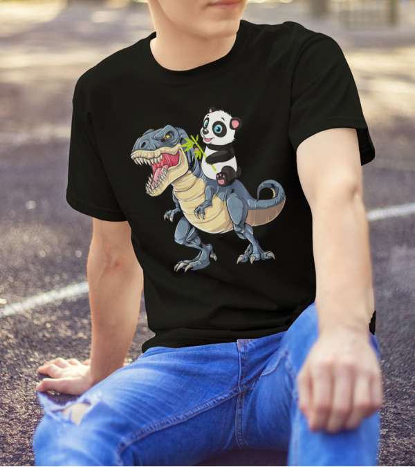 Panda Riding Dinosaur Rex With Bamboo Stick T-Shirt