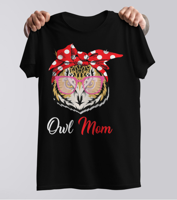Owl Mom Animal Lovers Mothers With Red Polka Dot Bow And Glasses T-Shirt