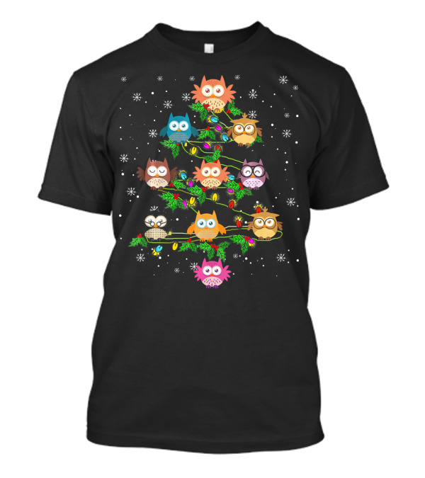 Merry Christmas Owl Tree With Colorful Lights And Snowflakes T-Shirt