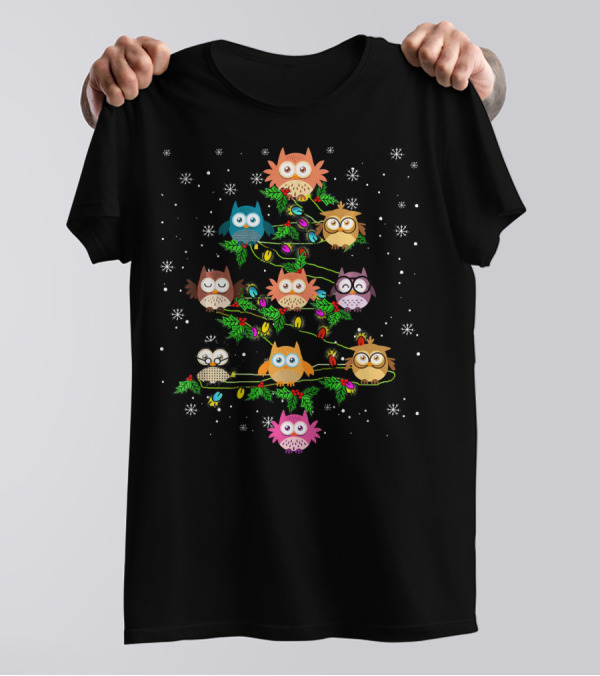 Merry Christmas Owl Tree With Colorful Lights And Snowflakes T-Shirt