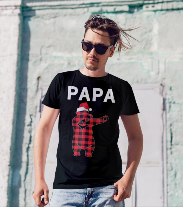 PAPA Bear Christmas Santa Hat Plaid T-Shirt