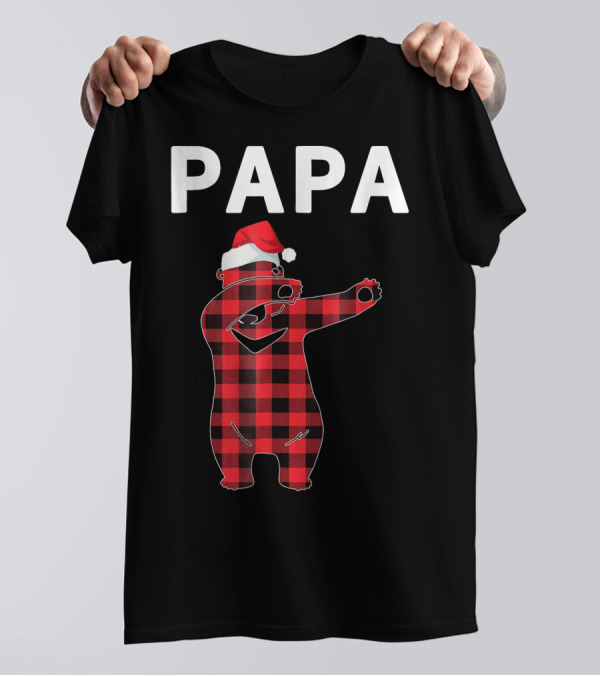 PAPA Bear Christmas Santa Hat Plaid T-Shirt