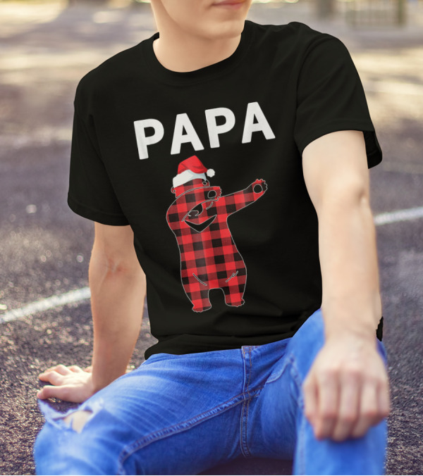 PAPA Bear Christmas Santa Hat Plaid T-Shirt