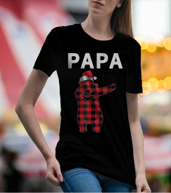 PAPA Bear Christmas Santa Hat Plaid T-Shirt