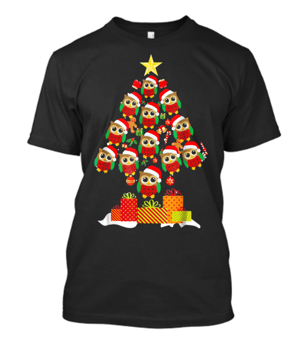 Owl Santa Hat Christmas Tree Star Holiday Gifts T-Shirt