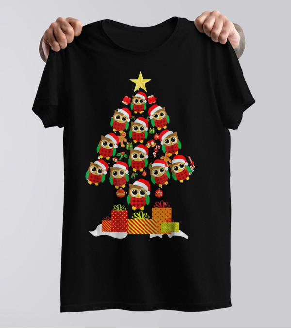 Owl Santa Hat Christmas Tree Star Holiday Gifts T-Shirt