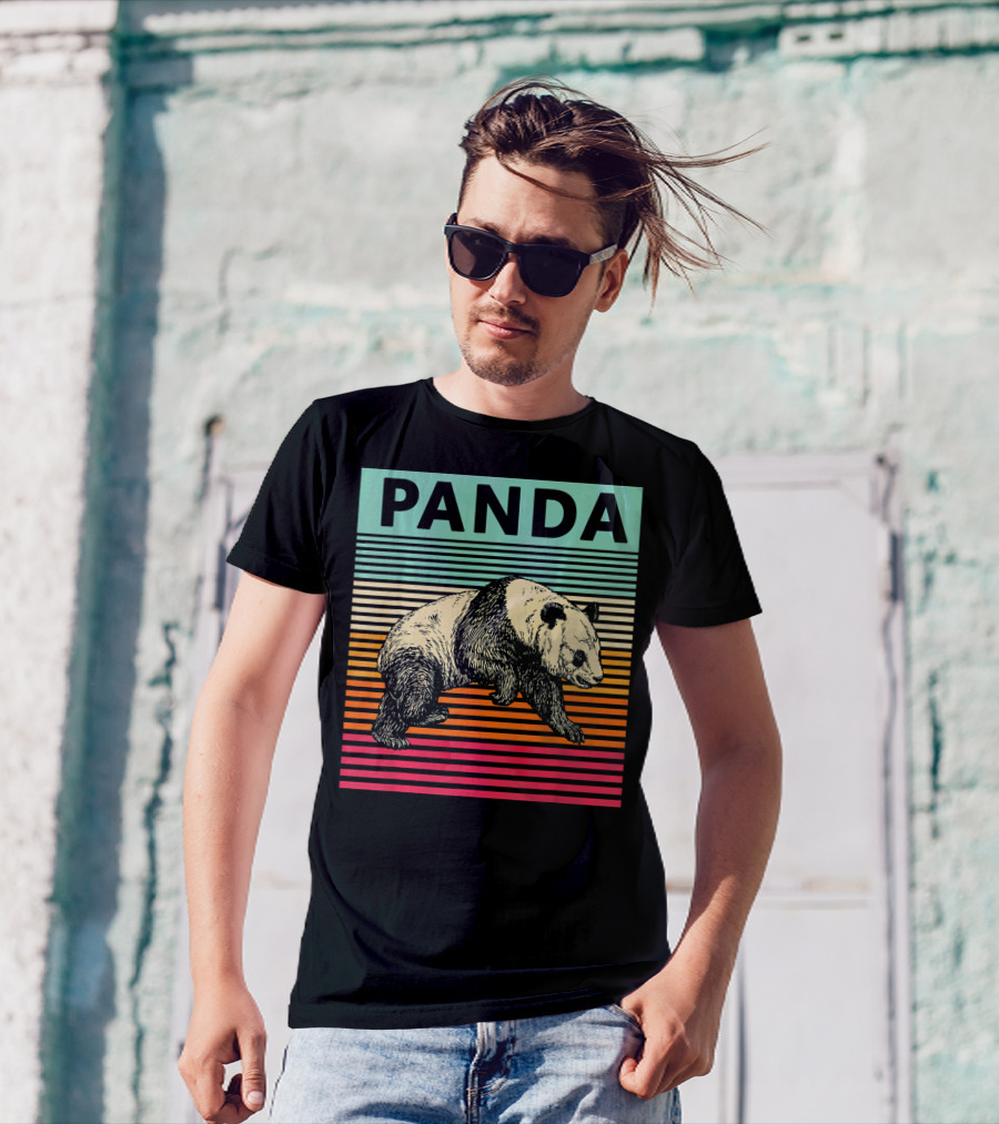 Panda Retro Bear Cool Vintage Panda Colorful Stripes T-Shirt