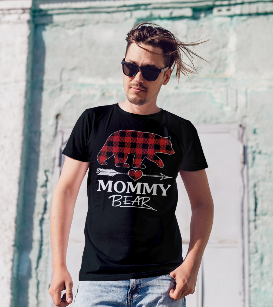 Mommy Bear Red Plaid Buffalo Heart Arrow T-Shirt