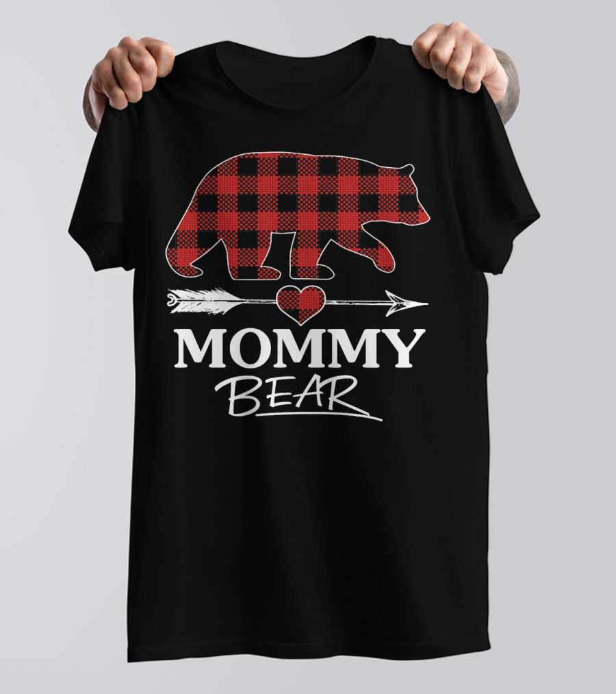 Mommy Bear Red Plaid Buffalo Heart Arrow T-Shirt